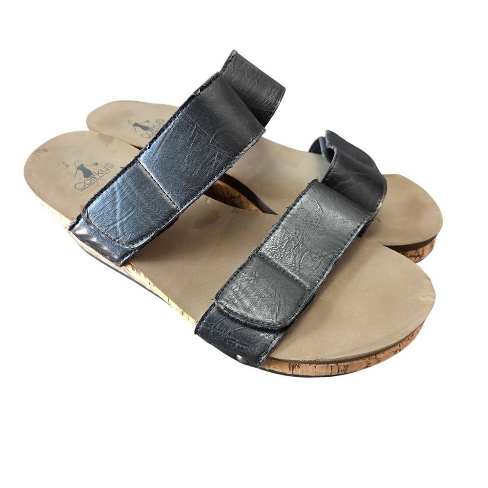 Corkys Black Cork Wedge Slide Sandals Women's Size 10 Double Strap Comfort